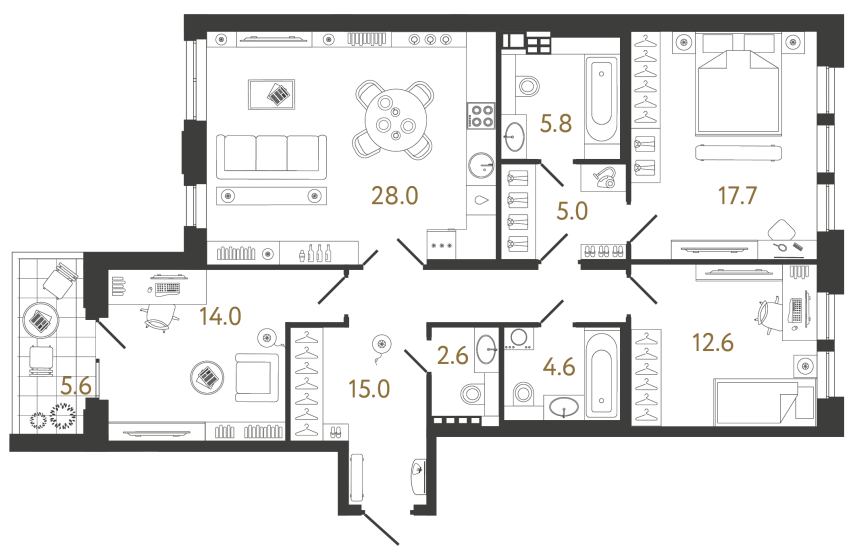 Трёхкомнатная квартира №26 в ЖК Коллекционер - 105.3 м²