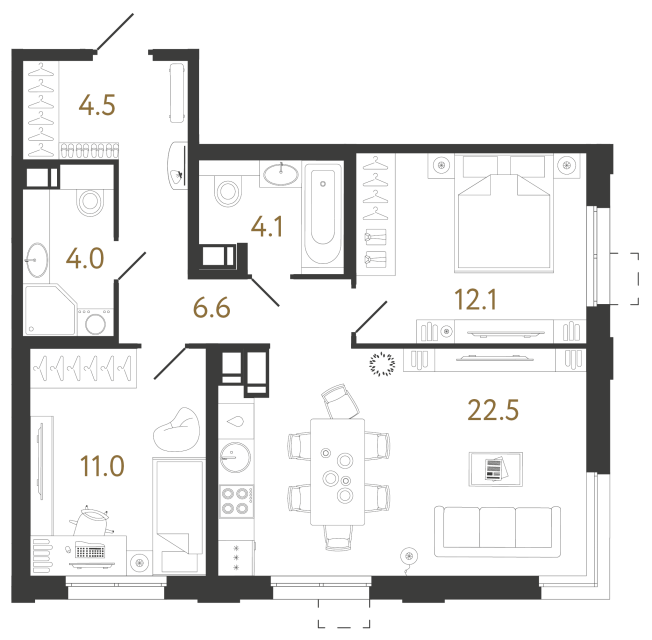 Двухкомнатная квартира №1035 в ЖК Струны 2 оч. - 64.8 м²