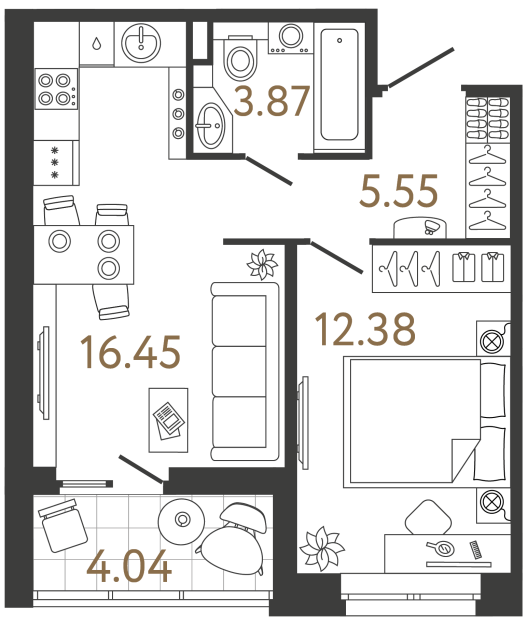 Однокомнатная квартира №484 в ЖК Ultra City 3 - 38.25 м²