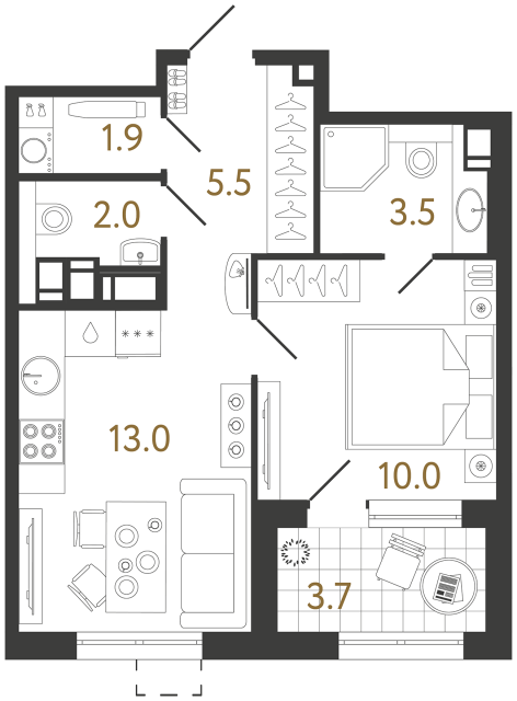 Однокомнатная квартира №522 в ЖК Струны - 35.9 м²