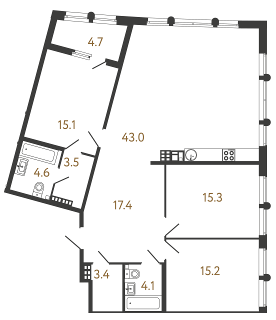Трёхкомнатная квартира №47 в ЖК Миръ - 121.6 м²  - №2