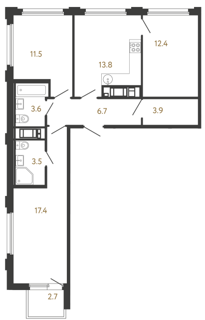 Трёхкомнатная квартира №99 в ЖК Гений - 72.8 м²  - №2