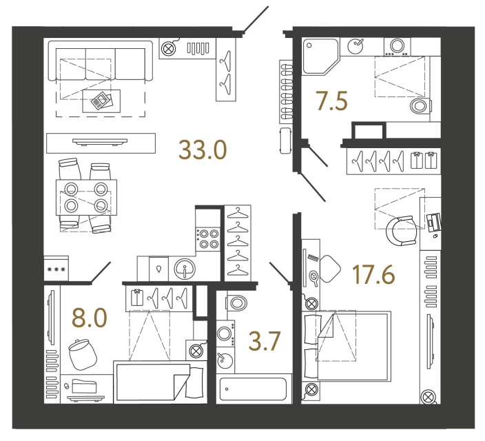 Двухкомнатный номер №104 в ЖК Типография - 69.8 м²