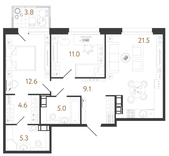 Двухкомнатная квартира №423 в ЖК Куинджи - 69.1 м²