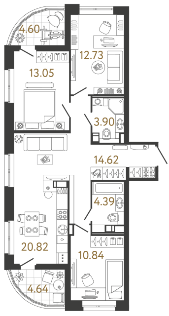 Трёхкомнатная квартира №806 в ЖК Ultra City 3 - 80.35 м²