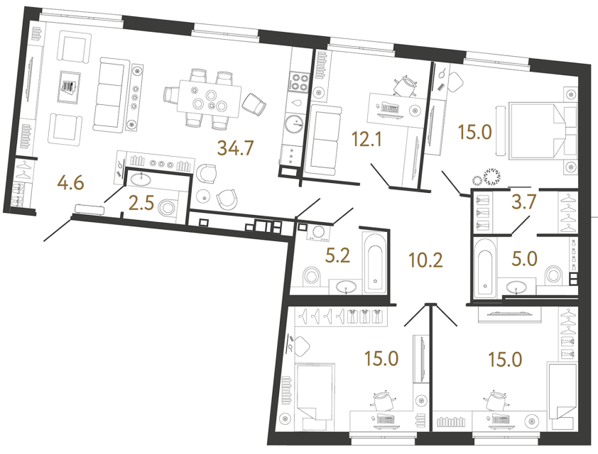 Четырехкомнатная квартира №150 в ЖК Визионер - 123 м²