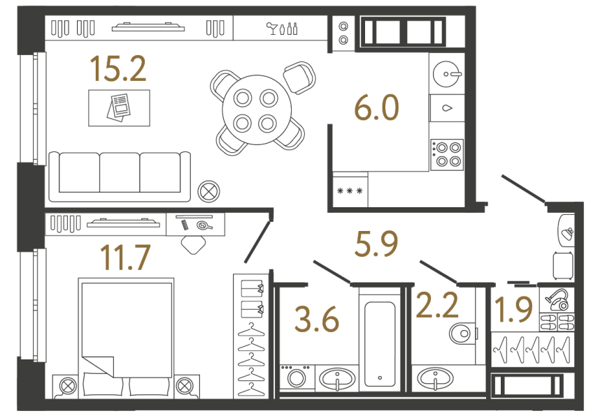 Однокомнатная квартира №102 в ЖК Передвижники - 46.5 м²