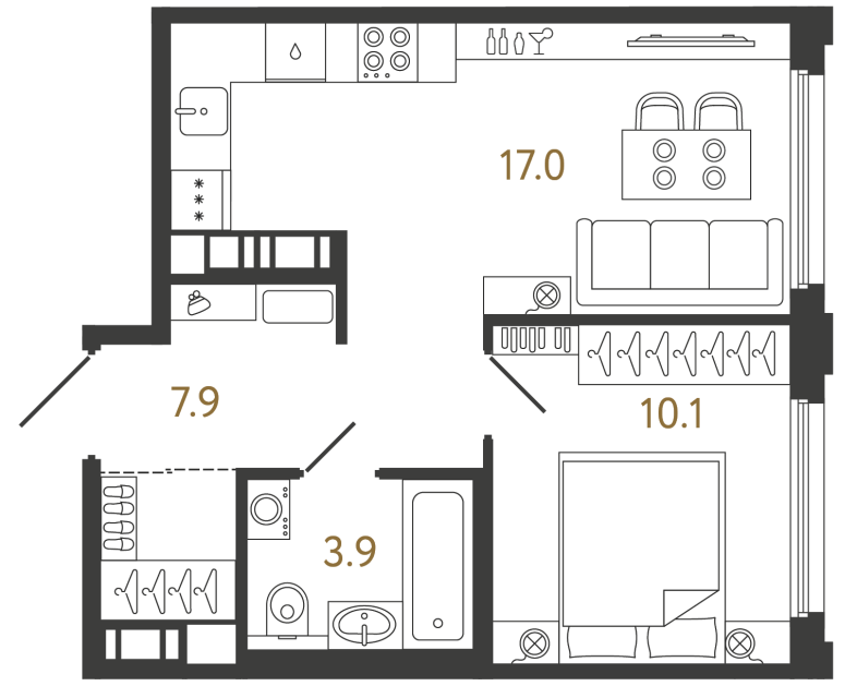Однокомнатная квартира №401 в ЖК Гений - 38.9 м²