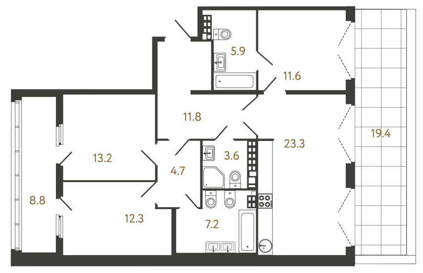 Трёхкомнатная квартира №52 в ЖК Миръ - 93.6 м²  - №2