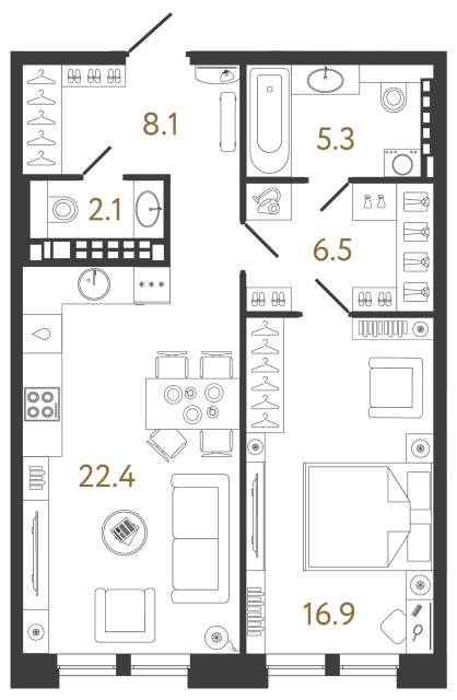 Однокомнатная квартира №61 в ЖК Коллекционер - 61.3 м²