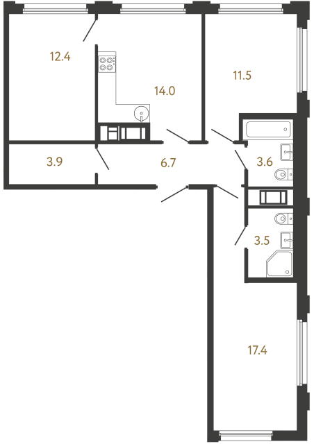 Трёхкомнатная квартира №114 в ЖК Гений - 73 м²  - №2