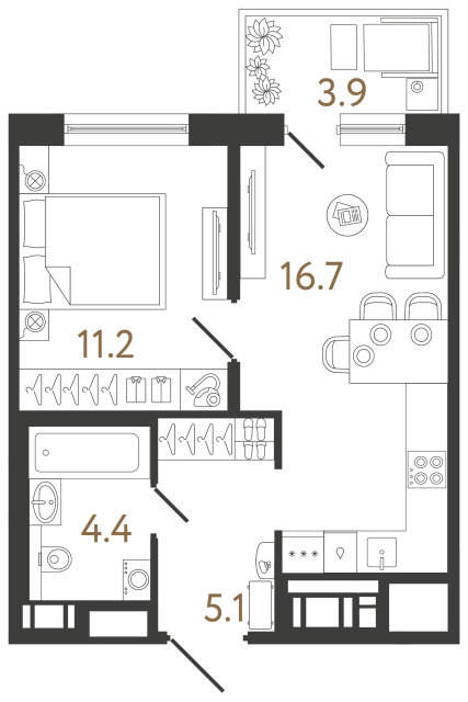 Однокомнатная квартира №215 в ЖК Передвижники 2 - 37.4 м²