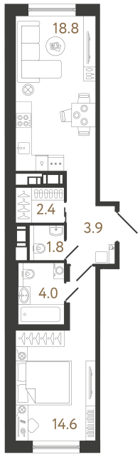 Однокомнатная квартира №309 в ЖК Передвижники 2 - 45.5 м²