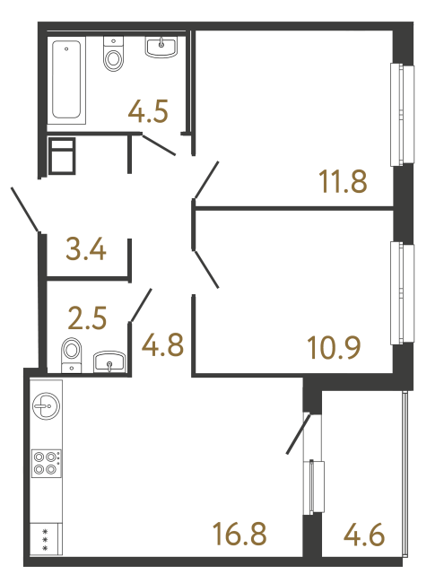 Двухкомнатная квартира №290 в ЖК Передвижники - 54.7 м²  - №2