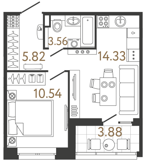 Однокомнатная квартира №626 в ЖК Ultra City 3 - 34.25 м²