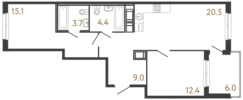 Двухкомнатная квартира №343 в ЖК Передвижники - 65.1 м²  - №2