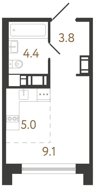 Студия №272 в ЖК Передвижники 2 - 22.3 м²  - №2