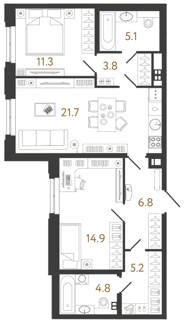 Двухкомнатная квартира №35 в ЖК Коллекционер - 73.6 м²