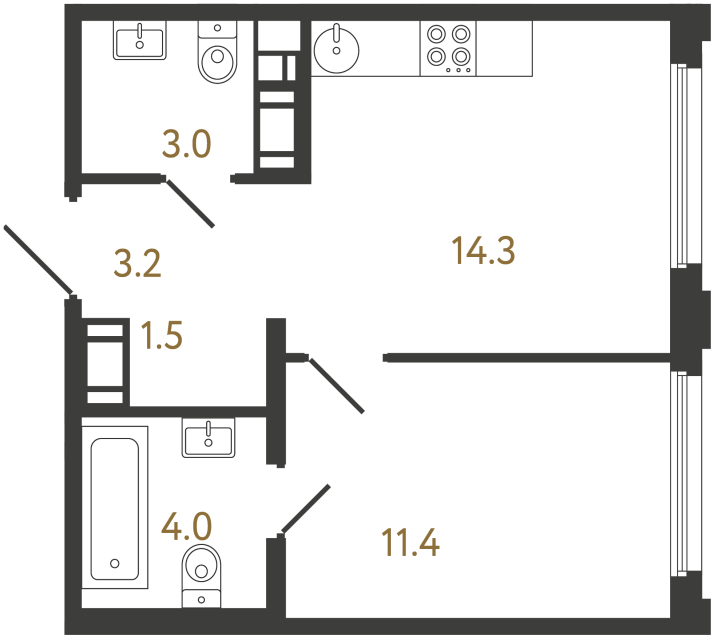 Однокомнатная квартира №835 в ЖК Гений - 37.4 м²  - №2