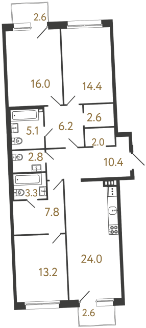 Трёхкомнатная квартира №36 в ЖК Цвет Зеленогорска - 107.8 м²  - №2