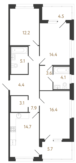 Трёхкомнатная квартира №147 в ЖК Литера - 85.9 м²  - №2