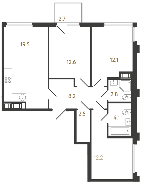 Трёхкомнатная квартира №561 в ЖК Гений - 74 м²  - №2