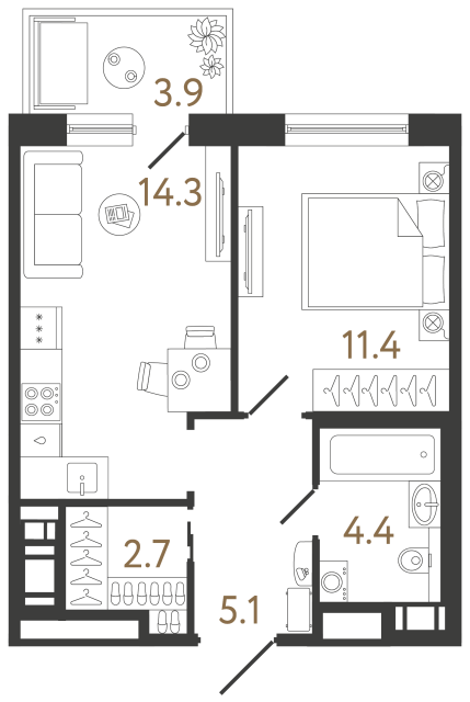 Однокомнатная квартира №239 в ЖК Передвижники 2 - 37.9 м²