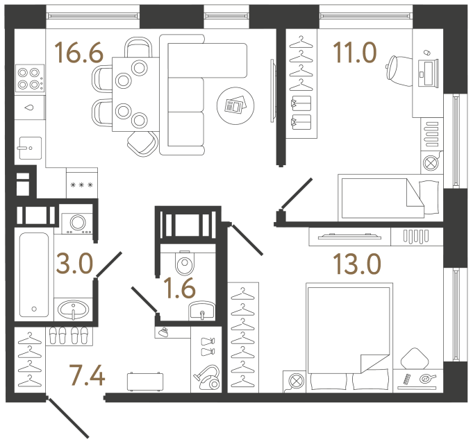 Двухкомнатная квартира №304 в ЖК Передвижники 2 - 52.6 м²