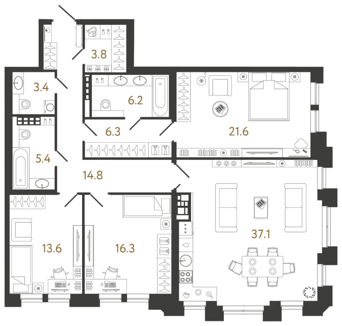 Трёхкомнатная квартира №50 в ЖК Коллекционер - 128.5 м²
