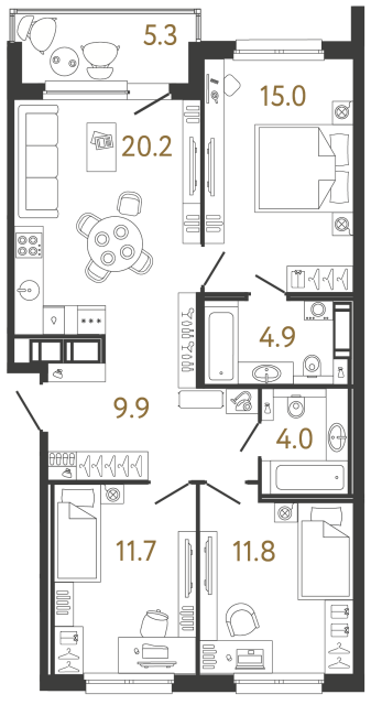 Трёхкомнатная квартира №110 в ЖК Передвижники - 77.5 м²