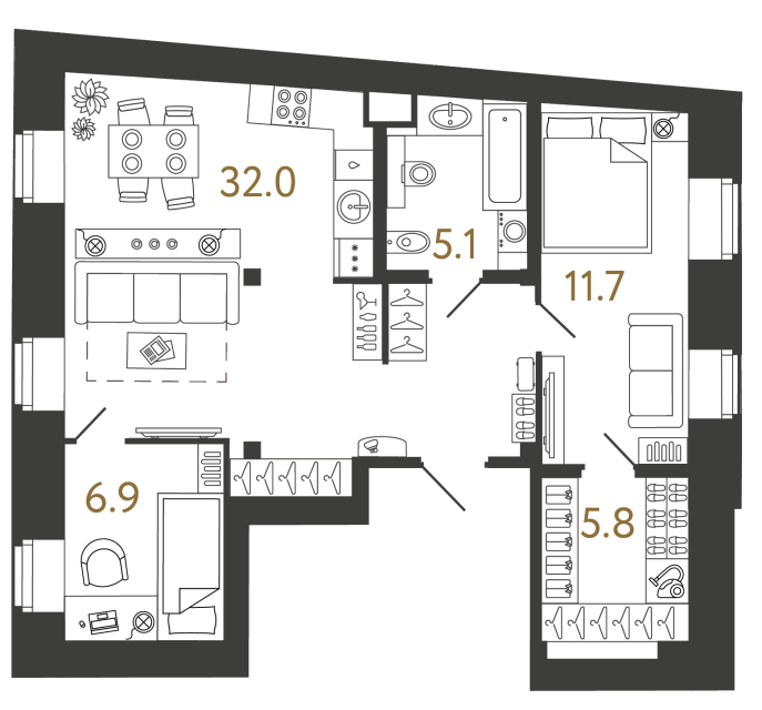 Двухкомнатные апартаменты №101 в ЖК Типография - 61.5 м²