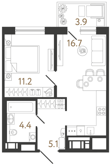 Однокомнатная квартира №241 в ЖК Передвижники 2 - 37.4 м²
