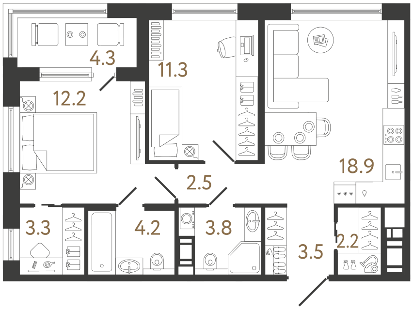Двухкомнатная квартира №44 в ЖК Передвижники 2 - 61.9 м²