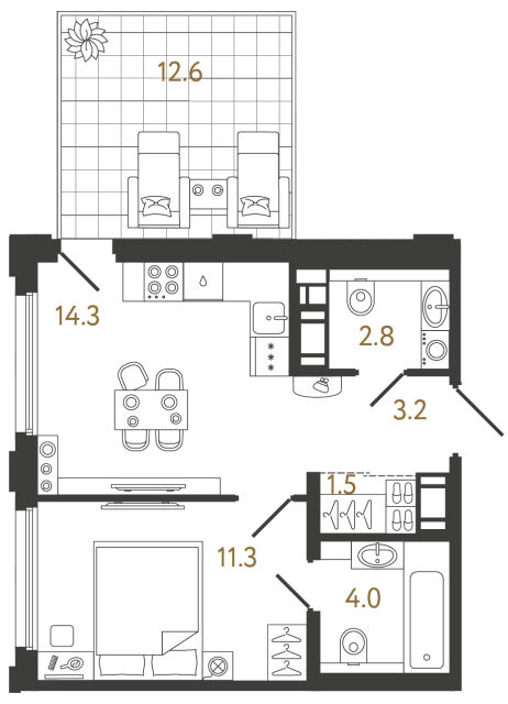 Однокомнатная квартира №336 в ЖК Гений - 37.1 м²