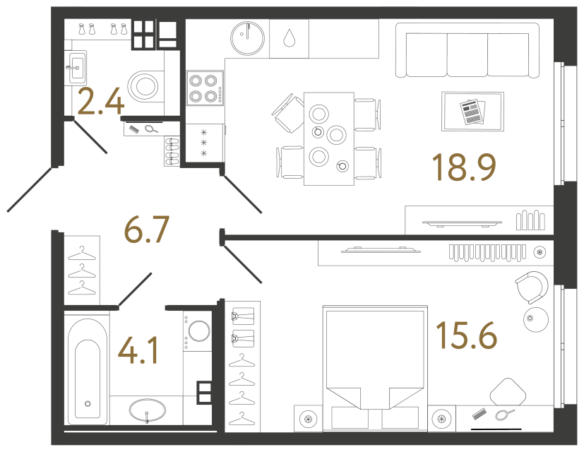 Однокомнатная квартира №107 в ЖК Визионер - 47.7 м²