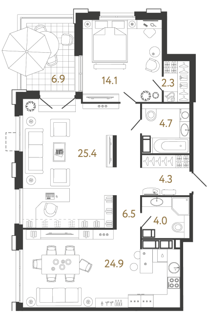 Двухкомнатная квартира №708 в ЖК Струны 2 оч. - 86.2 м²