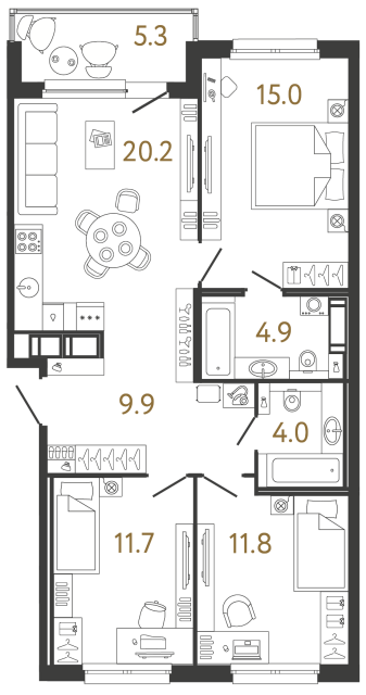Трёхкомнатная квартира №140 в ЖК Передвижники - 77.5 м²
