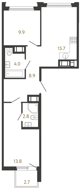 Двухкомнатная квартира №211 в ЖК Гений - 55.1 м²  - №2