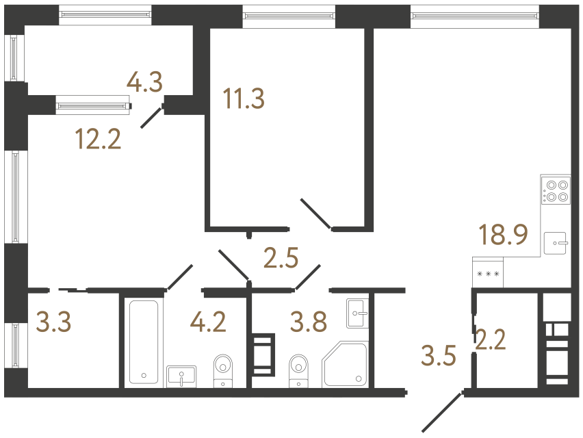 Двухкомнатная квартира №18 в ЖК Передвижники 2 - 61.9 м²  - №2