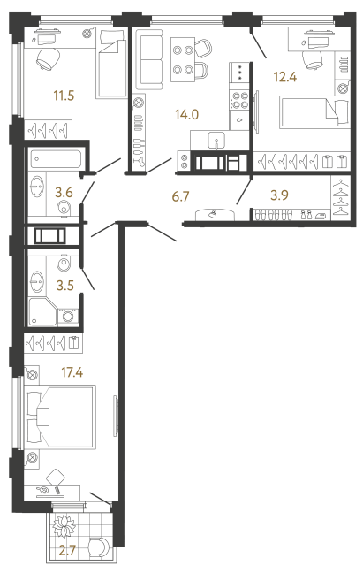 Трёхкомнатная квартира №9 в ЖК Гений - 73 м²