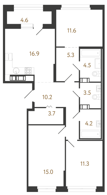 Трёхкомнатная квартира №116 в ЖК Куинджи - 86.2 м²  - №2
