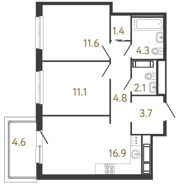 Двухкомнатная квартира №286 в ЖК Передвижники - 55.9 м²  - №2
