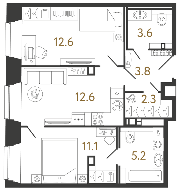Двухкомнатные апартаменты №38 в ЖК Светоч - 51.2 м²