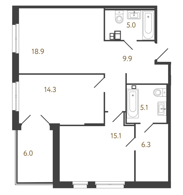 Двухкомнатный номер №52 в комплексе «Репин» - 74.6 м²  - №2