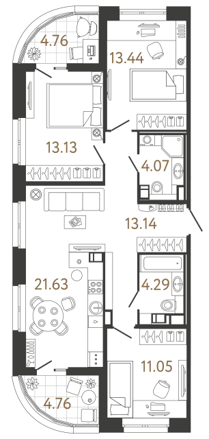 Трёхкомнатная квартира №750 в ЖК Ultra City 3 - 80.75 м²