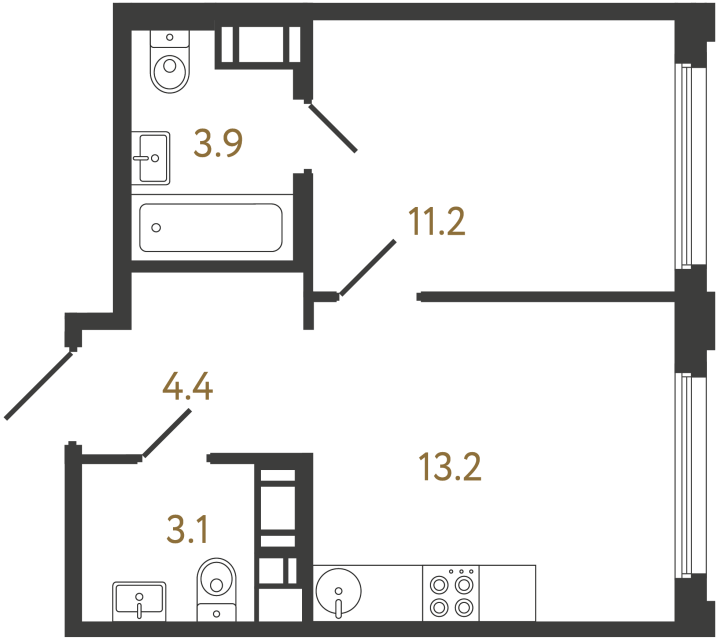 Однокомнатная квартира №832 в ЖК Гений - 35.8 м²  - №2
