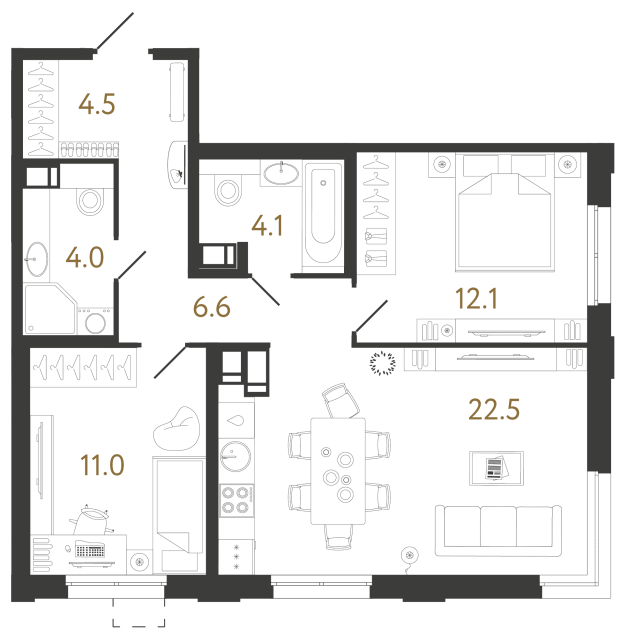 Двухкомнатная квартира №1028 в ЖК Струны 2 оч. - 64.8 м²