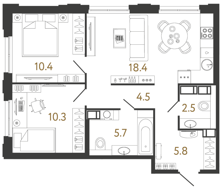Двухкомнатная квартира №739 в ЖК Струны 2 оч. - 57.6 м²