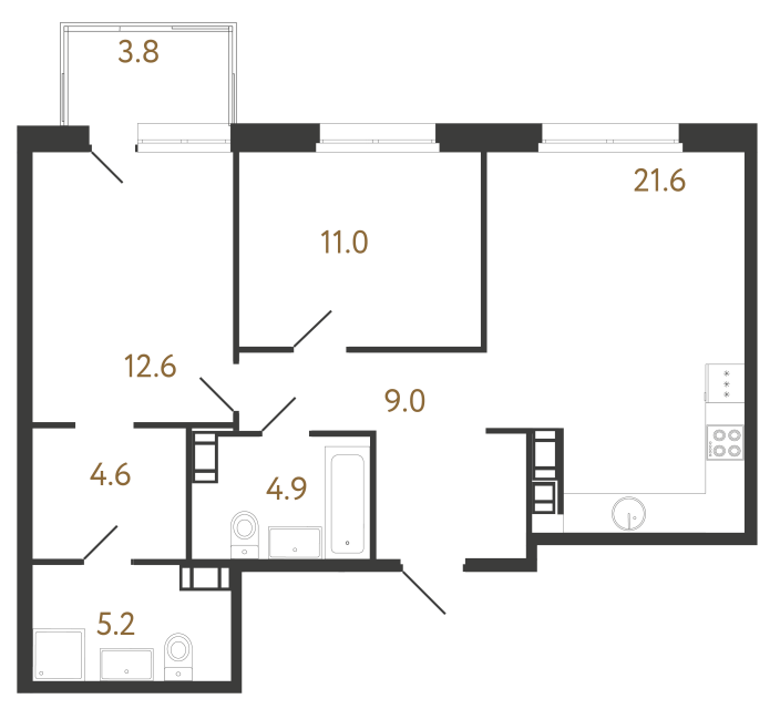 Двухкомнатная квартира №393 в ЖК Куинджи - 68.9 м²  - №2