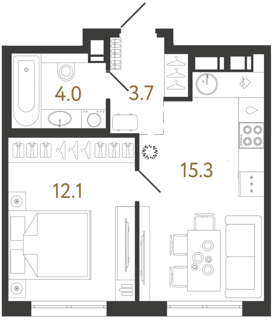 Однокомнатная квартира №268 в ЖК Струны - 35.1 м²